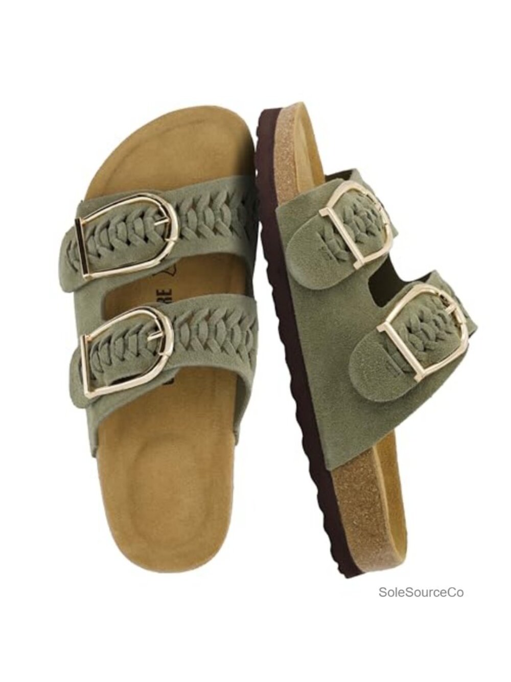 Genuine Suede Braided Slide Sandals Adjustable Buckle Cork Footbed